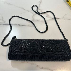 La‎ Regale Evening Bag Small Shoulder Strap Purse Black Beaded Magnetic Snap